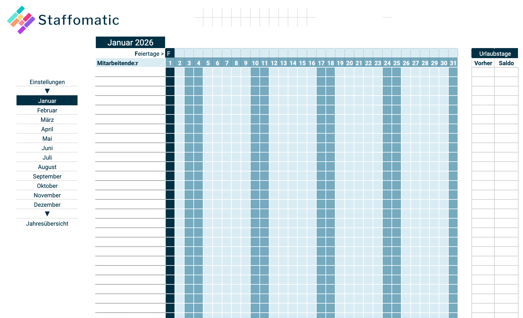 Excel Urlaubsplaner 2026 kostenlos herunterladen • Staffomatic